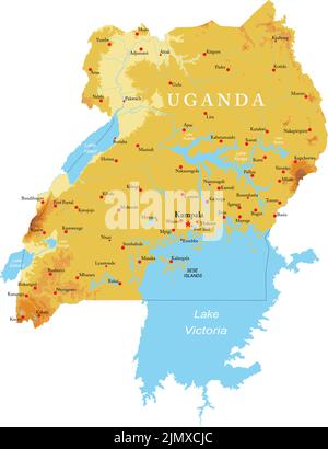 Mappa fisica altamente dettagliata dell'Uganda in formato vettoriale, con tutte le forme di rilievo, le regioni e le grandi città. Illustrazione Vettoriale