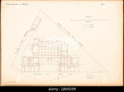 Architetto sconosciuto, Charité Leichenschauhaus, Berlino (ca 1885): pianta del sito 1: 200. Litografia acquerello colorato su carta, 48,2 x 69,3 cm (compresi i bordi di scansione) N. : Leichenschauhaus der Charité, Berlino Foto Stock