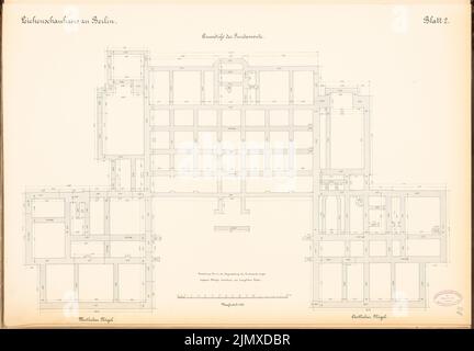 Architetto sconosciuto, Charité Core, Berlino (ca 1885): Grndriss delle fondazioni 1:100. Acquerello litografico su carta, 48 x 69,1 cm (compresi i bordi di scansione) N. : Leichenschauhaus der Charité, Berlino Foto Stock