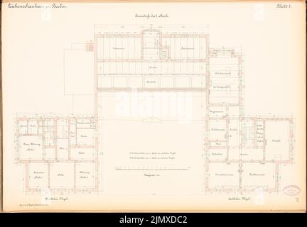 Architetto sconosciuto, mostra Charité Corpse, Berlino (ca 1885): D Grundriss 1st piano 1: 100. Acquerello litografico su carta, 47,9 x 69 cm (compresi i bordi di scansione) N. : Leichenschauhaus der Charité, Berlino Foto Stock