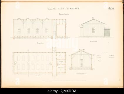 Architetto sconosciuto, istituzione di quarantena del Christian Albrechts-University Kiel (ca 1886): Barra di manutenzione lunghezza, vista, pianta del pavimento e sezione trasversale. Acquerello litografico su carta, 49,4 x 69,5 cm (compresi i bordi di scansione) N. : Quarantäne-Anstalt der Christian-Albrechts-Universität Kiel Foto Stock