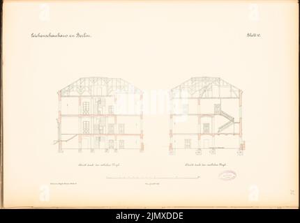 Architetto sconosciuto, Charité Core, Berlino (ca 1885): tagli attraverso le ali est e ovest 1: 100. Acquerello litografico su carta, 48,3 x 69,2 cm (compresi i bordi di scansione) N. : Leichenschauhaus der Charité, Berlino Foto Stock