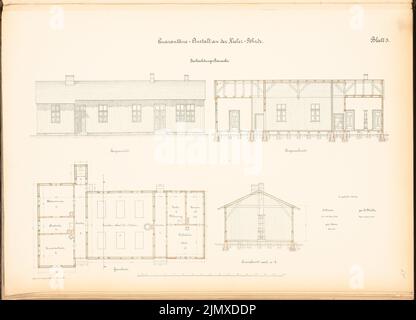 Architetto sconosciuto, istituzione di quarantena della Christian Albrechts University Kiel (ca 1886): sezione longitudinale della baracca di osservazione, vista longitudinale, pianta del pavimento e sezione trasversale. Acquerello litografico su carta, 49,9 x 69,1 cm (compresi i bordi di scansione) N. : Quarantäne-Anstalt der Christian-Albrechts-Universität Kiel Foto Stock