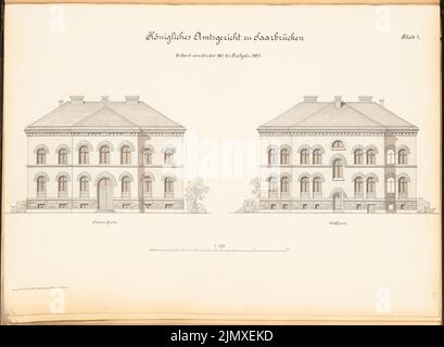 Architetto sconosciuto, tribunale distrettuale di Saarbrücken (1887-1889): 2 visualizzazioni 1: 100. Litografia su carta, 50,7 x 69 cm (compresi i bordi di scansione) N. : Amtsgericht, Saarbrücken Foto Stock