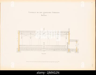 Architetto sconosciuto, König-Wilhelm-Gymnasium a Breslavia (ca 1886): palestra: sezione longitudinale. Litografia colorata su carta, 48 x 65,7 cm (compresi i bordi di scansione) N. : König-Wilhelm-Gymnasium, Breslau Foto Stock