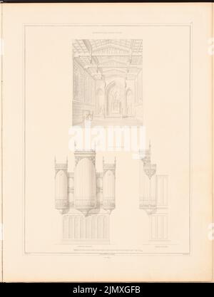 Soller agosto (1805-1853), Chiesa cattolica per 600 persone. (Da: Disegni su chiese, case parrocchiali e scolastiche, ed. Dalla deputazione reale della sovrastruttura prussiana, 1845-1855) (1845-1845): Vista prospettica interna, vista laterale e frontale dell'organo. Pressione sulla carta, 56,9 x 43 cm (compresi i bordi di scansione) Soller Agosto (1805-1853): Katholische Kirche für 600 Personen. (Aus: Entwürfe zu Kirchen, Pfarr- und Schulhäusern, hrsg. Von der Kgl. Preuß. Oberbaudeputation, 1845-1855) Foto Stock