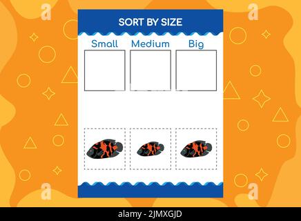 Consente di ordinare le immagini in base alle dimensioni. Foglio di lavoro didattico per bambini. Illustrazione Vettoriale