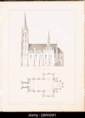 Soller agosto (1805-1853), Chiesa cattolica di San Nicolai zu Breslau. (Da: Disegni su chiese, case parrocchiali e scolastiche, ed. Dal deputazione reale della sovrastruttura prussiana, 1845-1855) (1845-1845): Vista laterale, pianta. Stampa su carta, 57,4 x 43,5 cm (compresi i bordi di scansione) Soller Agosto (1805-1853): Katholische Kirche St. Nicolai, Breslau. (Aus: Entwürfe zu Kirchen, Pfarr- und Schulhäusern, hrsg. Von der Kgl. Preuß. Oberbaudeputation, 1845-1855) Foto Stock