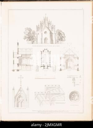 Soller Agosto (1805-1853), Chiesa evangelica di Zingst. (Da: Disegni su chiese, case parrocchiali e scolastiche, ed. Dal deputazione reale della sovrastruttura prussiana, 1845-1855) (1845-1845): Vista, pianta, sezione longitudinale, sezione trasversale, quattro dettagli. Stampa su carta, 57,5 x 43,7 cm (compresi i bordi di scansione) Soller Agosto (1805-1853): Evangelische Kirche, Zingst. (Aus: Entwürfe zu Kirchen, Pfarr- und Schulhäusern, hrsg. Von der Kgl. Preuß. Oberbaudeputation, 1845-1855) Foto Stock