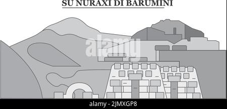 Italia, Barumini, su Nuraxi di Barumini città skyline isolato vettore illustrazione, icone Illustrazione Vettoriale