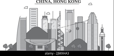 Cina, Hong Kong skyline isolato vettore illustrazione, icone Illustrazione Vettoriale