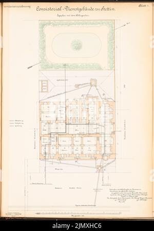 Architetto sconosciuto, edificio di servizio consistoriale, Stettin (ca 1892): Pianta del sito con pianta KG 1: 100. Litografia colorata su carta, 69,9 x 48,9 cm (inclusi i bordi di scansione) Foto Stock