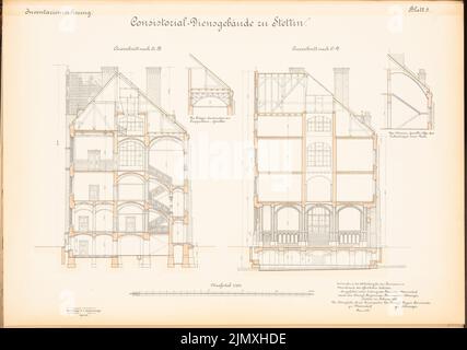 Architetto sconosciuto, edificio di servizio consistoriale, Szczecin (ca 1892): 2 sezioni trasversali 1: 100. Litografia colorata su carta, 48,3 x 68,8 cm (inclusi i bordi di scansione) Foto Stock