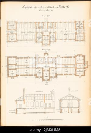 Architetto sconosciuto, clinica psichiatrica e nervosa della Martin Luther University Halle/Saale (ca 1892/1893): Scacchiera femminile: Grundrisse EG, KG, sezione longitudinale, sezione trasversale 1: 100. Litografia colorata su carta, 69,4 x 49,6 cm (inclusi i bordi di scansione) Foto Stock