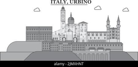 Italia, Urbino città skyline isolato vettore illustrazione, icone Illustrazione Vettoriale
