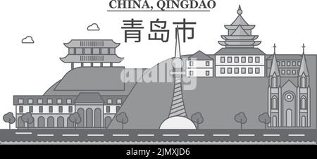 Cina, città di Qingdao skyline isolato vettore illustrazione, icone Illustrazione Vettoriale