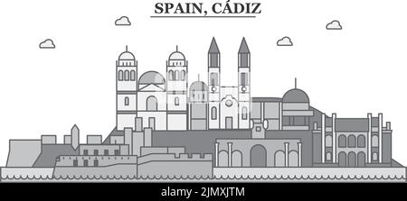 Spagna, città di Cadice skyline isolato vettore illustrazione, icone Illustrazione Vettoriale