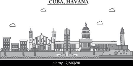 Cuba, Havana città skyline isolato vettore illustrazione, icone Illustrazione Vettoriale