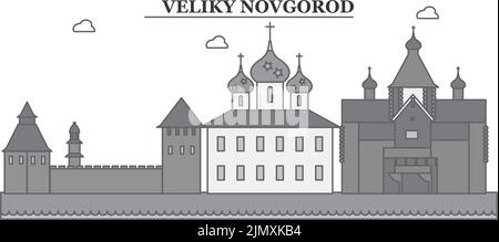 Russia, Veliki Novgorod città skyline isolato vettore illustrazione, icone Illustrazione Vettoriale