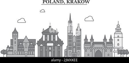 Polonia, città di Cracovia skyline isolato vettore illustrazione, icone Illustrazione Vettoriale