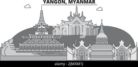 Myanmar, Yangon città skyline isolato vettore illustrazione, icone Illustrazione Vettoriale