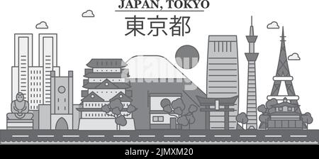 Giappone, Tokyo città skyline isolato vettore illustrazione, icone Illustrazione Vettoriale