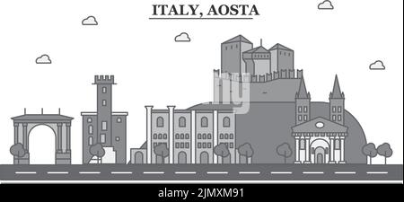 Italia, città di Aosta skyline isolato vettore illustrazione, icone Illustrazione Vettoriale