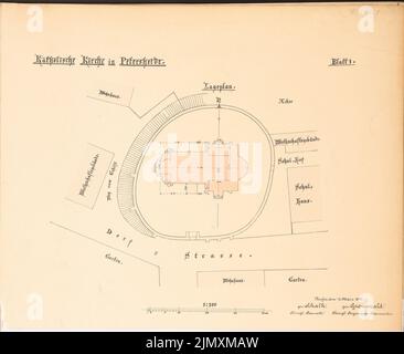 Architetto sconosciuto, Chiesa cattolica a Petersheide (ca 1892): pianta del sito 1: 300. Litografia colorata su carta, 39 x 47,5 cm (inclusi i bordi di scansione) Foto Stock