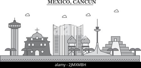 Messico, città di Cancun skyline isolato vettore illustrazione, icone Illustrazione Vettoriale