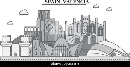 Spagna, Valencia città skyline isolato vettore illustrazione, icone Illustrazione Vettoriale