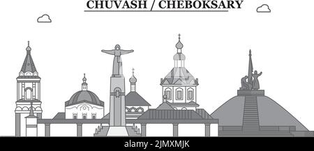 Russia, Cheboksary città skyline isolato vettore illustrazione, icone Illustrazione Vettoriale