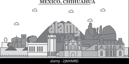 Messico, Chihuahua città skyline isolato vettore illustrazione, icone Illustrazione Vettoriale