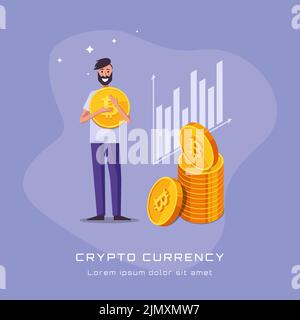 L'iscrizione CRYPTO VALUTA sullo sfondo di un'illustrazione di un ragazzo che abbraccia una moneta in piedi accanto ad una pila di monete bitcoin con Illustrazione Vettoriale