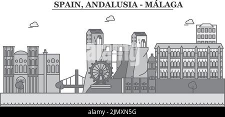 Spagna, città di Malaga skyline isolato vettore illustrazione, icone Illustrazione Vettoriale