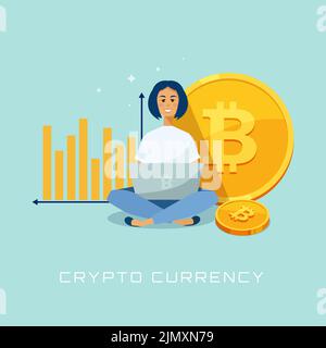 L'iscrizione CRYPTO VALUTA sullo sfondo di un'illustrazione di una ragazza seduta sul pavimento con un computer portatile e monete bitcoin con Illustrazione Vettoriale