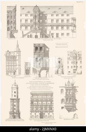 N.N., Castello di Hartenfels a Torgau. Castello di Leitzkau e Merseburg. Castello reale di Dresda. (Da: Baukunst d.. Renaissance in Germany, ed. V. Z (1875-1875): Vista su Est, vista laterale, dettaglio Hartenfels, dettagli Merseburg, vista Leitzkau, Dettaglio Dresda. Pressione sulla carta, 52,9 x 35,9 cm (incl Scansione bordi) Foto Stock