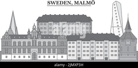 Svezia, Malmo città skyline isolato vettore illustrazione, icone Illustrazione Vettoriale