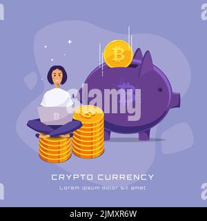 L'iscrizione CRYPTO VALUTA sullo sfondo di un'illustrazione di una ragazza seduta su una pila di monete bitcoin con un computer portatile e una banca piggy Illustrazione Vettoriale