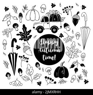 Buon autunno. Collezione Doodles disegnati a mano. Camioncino di zucca, bacche e foglie d'autunno, ombrello, agarico alla mosca, zucca, acorno e rosea. Vettore i Illustrazione Vettoriale