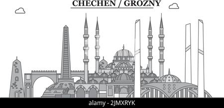 Russia, Grozny città skyline isolato vettore illustrazione, icone Illustrazione Vettoriale