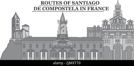 Francia, rotte di Santiago De Compostela skyline città isolato vettore illustrazione, icone Illustrazione Vettoriale