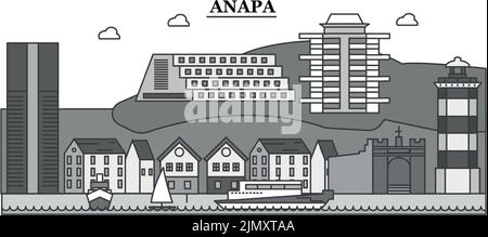Russia, città di Anapa skyline isolato vettore illustrazione, icone Illustrazione Vettoriale