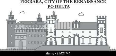 Italia, Ferrara Città skyline isolato vettore illustrazione, icone Illustrazione Vettoriale