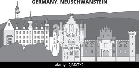 Germania, Neuschwanstein città skyline isolato vettore illustrazione, icone Illustrazione Vettoriale