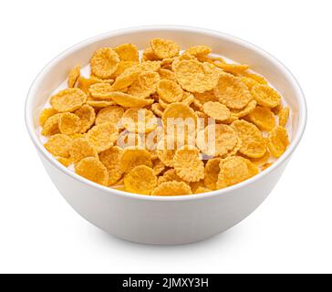 Corn flakes con latte isolati su sfondo bianco Foto Stock
