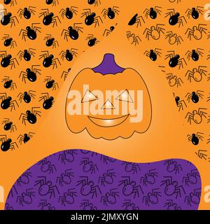 Una zucca arancione di Halloween con occhi luminosi su sfondo arancione di macchie colorate e ragni. Design piatto. Adatto per poster, inviti, cartoline Illustrazione Vettoriale