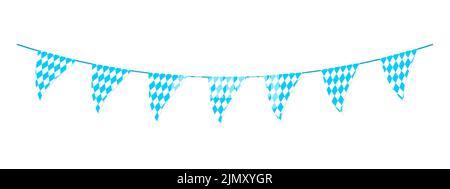 Bunting Oktoberfest in colori bavaresi tradizionali. Garland con le bandiere che sventolano nel vento sul festival tedesco della birra con il motivo del rombo blu e bianco. Decorazione per feste, biglietti, poster, banner Illustrazione Vettoriale