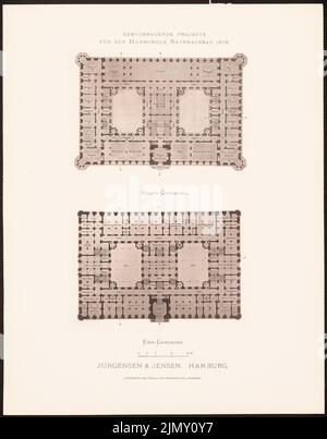 Jürgensen & Jensen, progetti eccellenti per la costruzione del municipio di Amburgo nel 1876 (1876-1876): Grundriss EG, 1st piano. Leggera pressione sulla carta, 45,1 x 35,3 cm (inclusi i bordi di scansione) Foto Stock