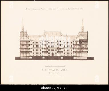 Haves M., progetti eccellenti per la costruzione del municipio di Amburgo nel 1876 (1876-1876): Sezione longitudinale. Leggera pressione sulla carta, 35,3 x 44,9 cm (inclusi i bordi di scansione) Foto Stock