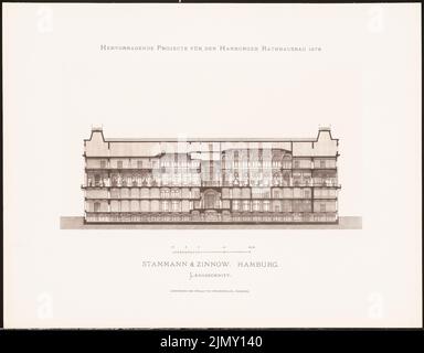 Stammann & Zinnow, progetti eccellenti per la costruzione del municipio di Amburgo nel 1876 (1876-1876): Sezione longitudinale. Leggera pressione sulla carta, 35 x 44,8 cm (inclusi i bordi di scansione) Foto Stock